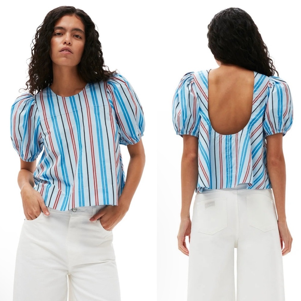 NWT GANNI Stripe Cotton Open Low Back Puff Sleeve Blue Poplin Top size 40/US 8